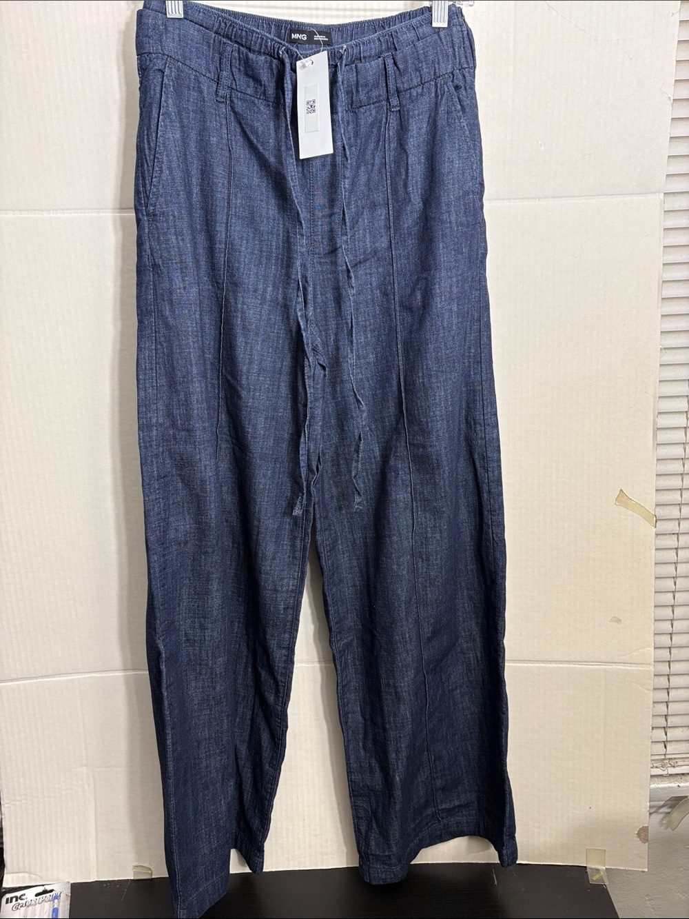 Mango Dark Blue Linen-Blend Drawstring Wide-Leg Pants